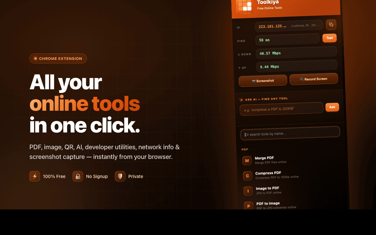 Toolkiya Chrome extension popup — main view