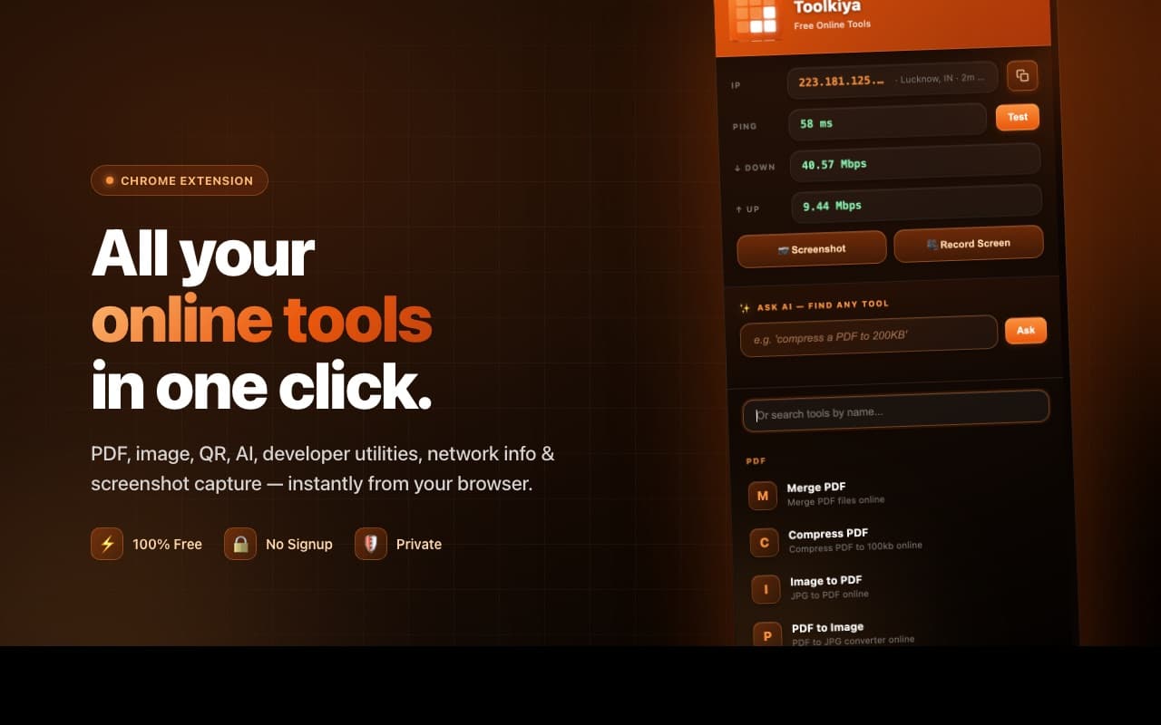Toolkiya Chrome extension popup — main view